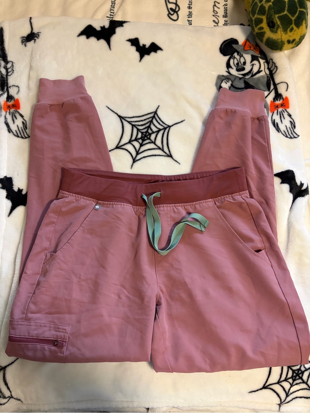 Figs Dusty Rose Jogger Pants with Mint Drawstring